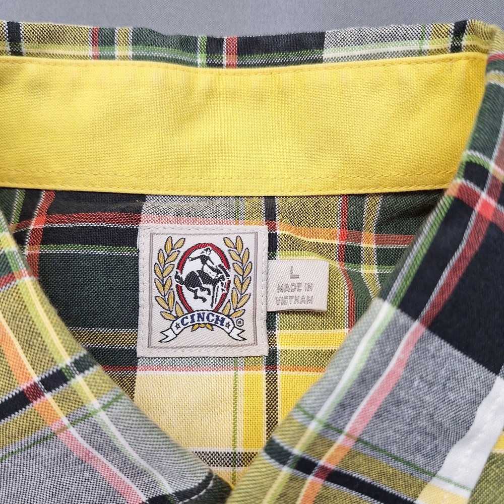 Cinch Mens Plaid Button Down Shirt Yellow Green Long Sleeve MT10621428 Large - Picture 2 of 9
